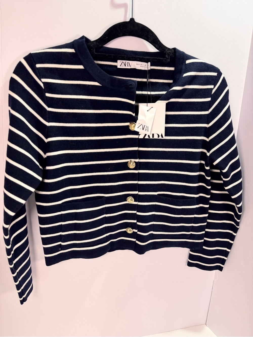 NWT Zara Navy Striped Knit Cardigan Jacket Gold Buttons S